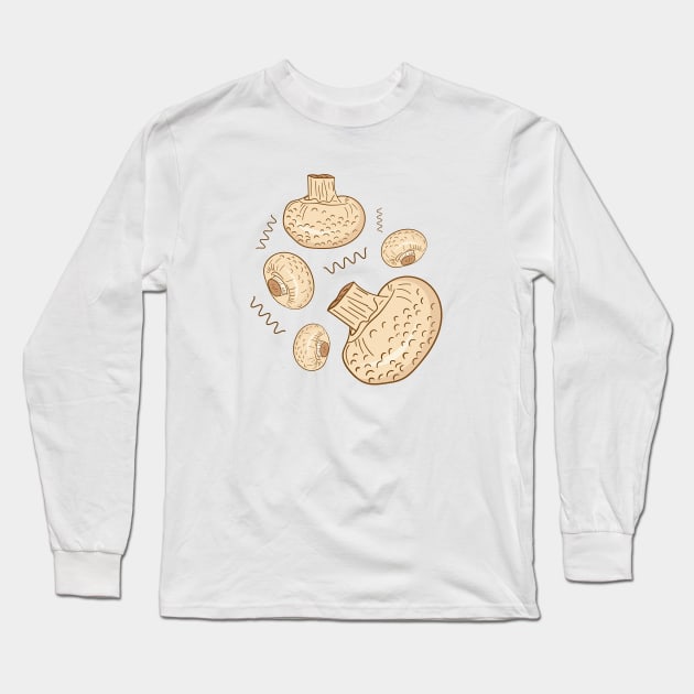 Hand Drawn Champignon Mushroom Pattern Fungi Long Sleeve T-Shirt by novaya